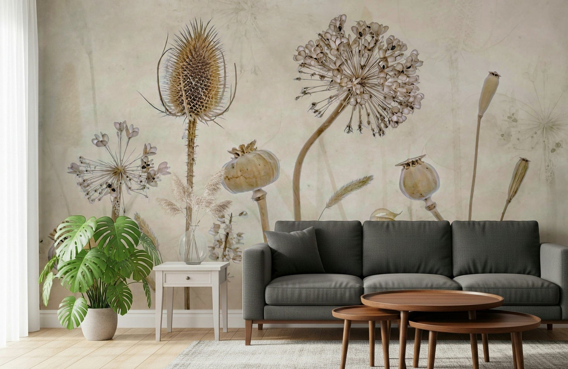 A classic soft floral wallpaper for walls.

