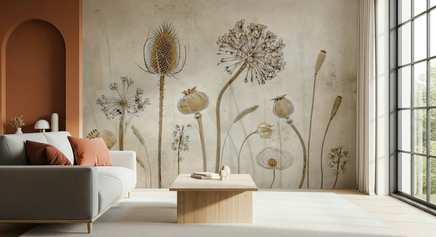 A contemplative floral pattern wallpaper mural for a feature wall.

