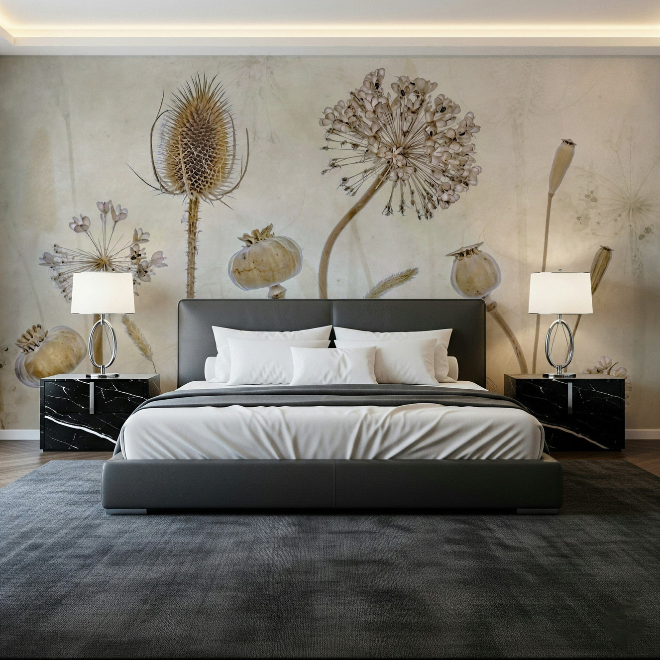 A beautiful serene floral wallpaper mural with subtle, ethereal blooms.

