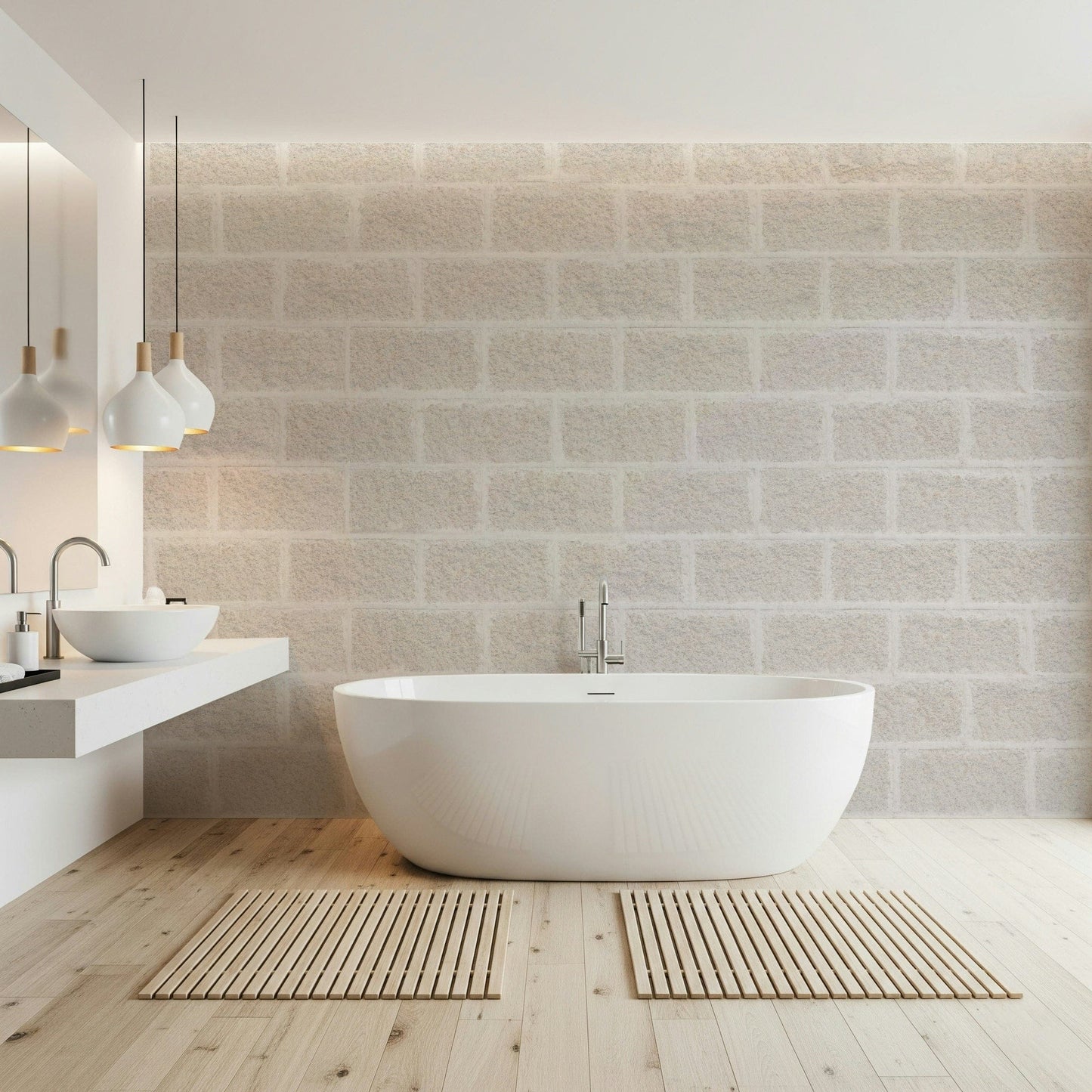 Beige brick texture wallpaper with subtle variations and weathered surface for rustic and modern décor.