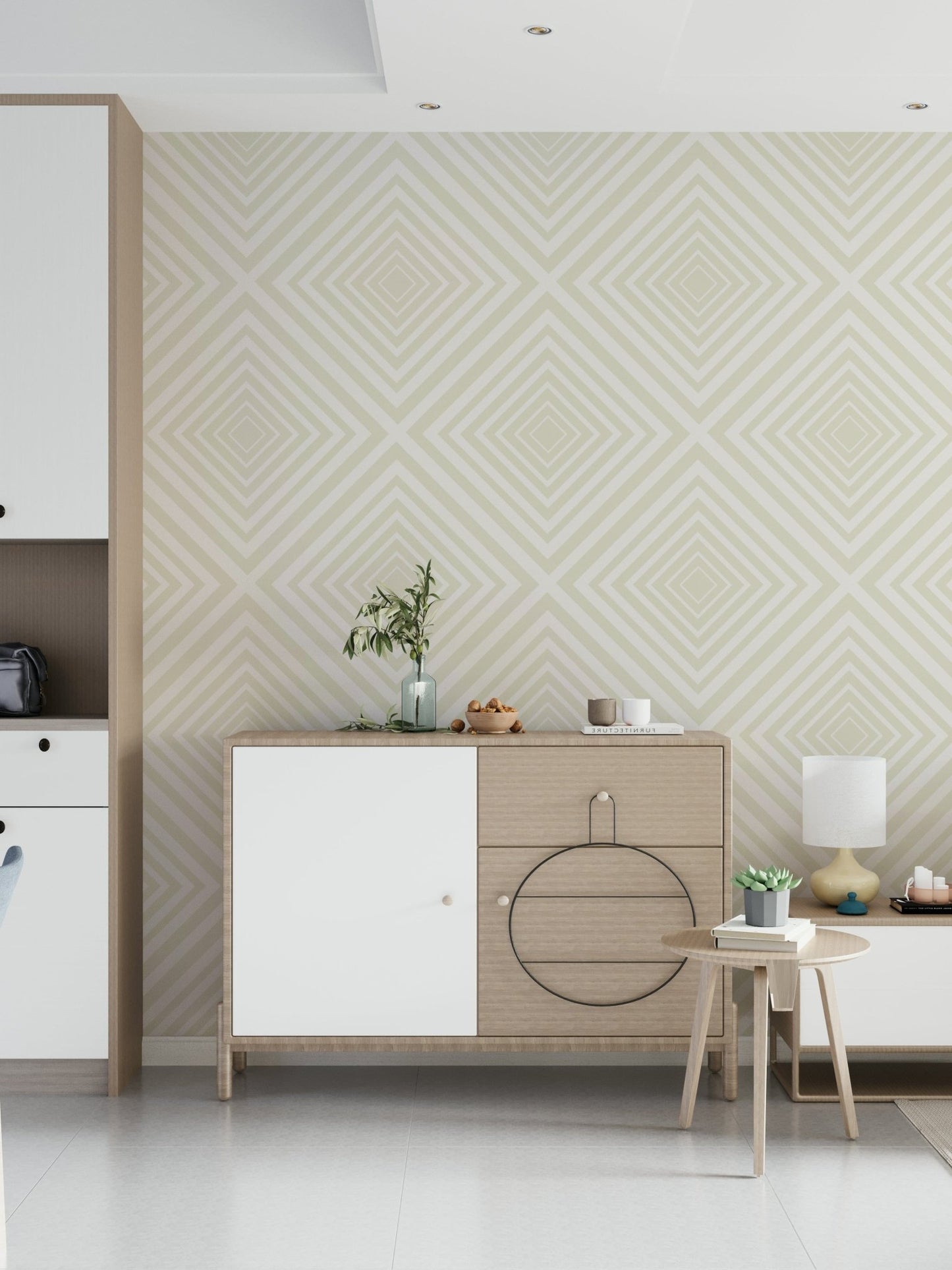 Minimalist Beige Chevron repeating pattern, serene home covering.