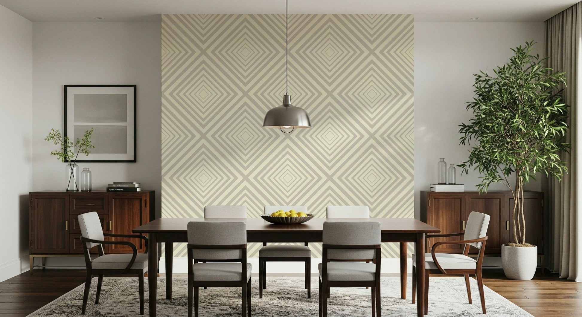 Neutral cross pattern wall mural, light-colored lines, refined office design.