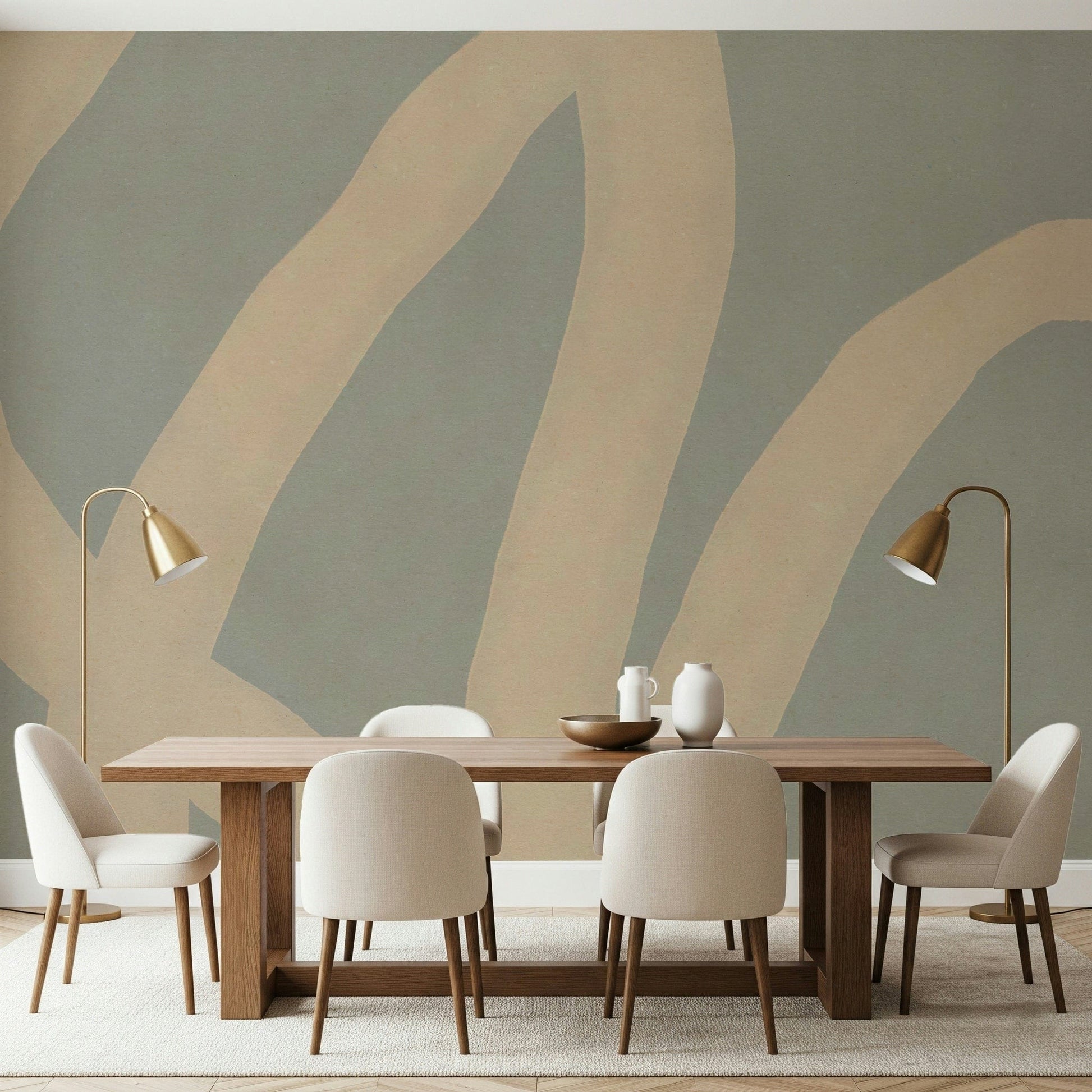 A contemplative fluid design wallpaper mural for a feature wall.
