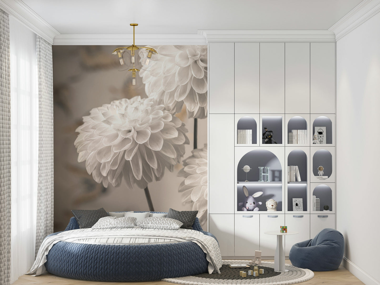 Minimalist dahlia wallpaper for walls named Beige Blooms.