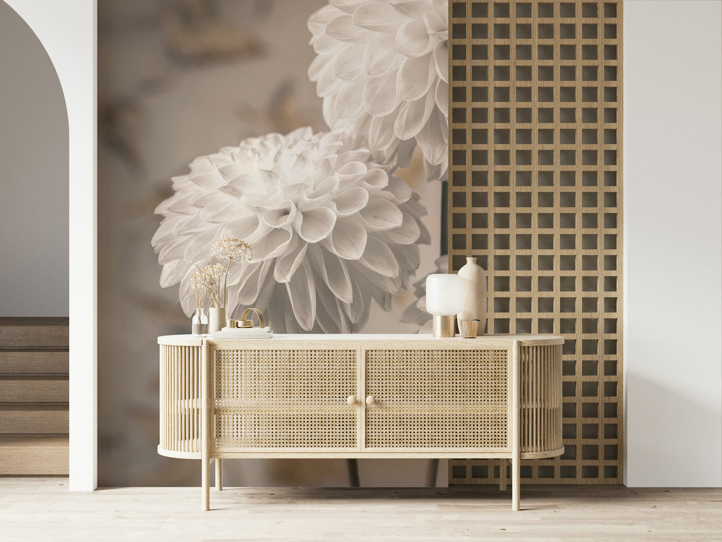 Neutral floral wall mural Beige Blooms with ivory petals.