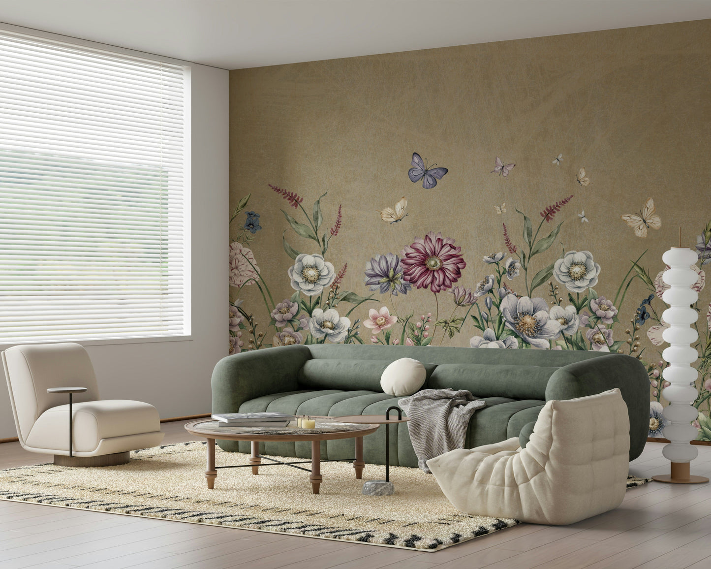 Meadow scene mural in nursery, gentle florals in soft color tones with minimal décor
