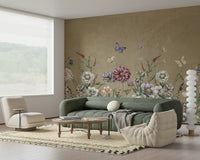 Meadow scene mural in nursery, gentle florals in soft color tones with minimal décor