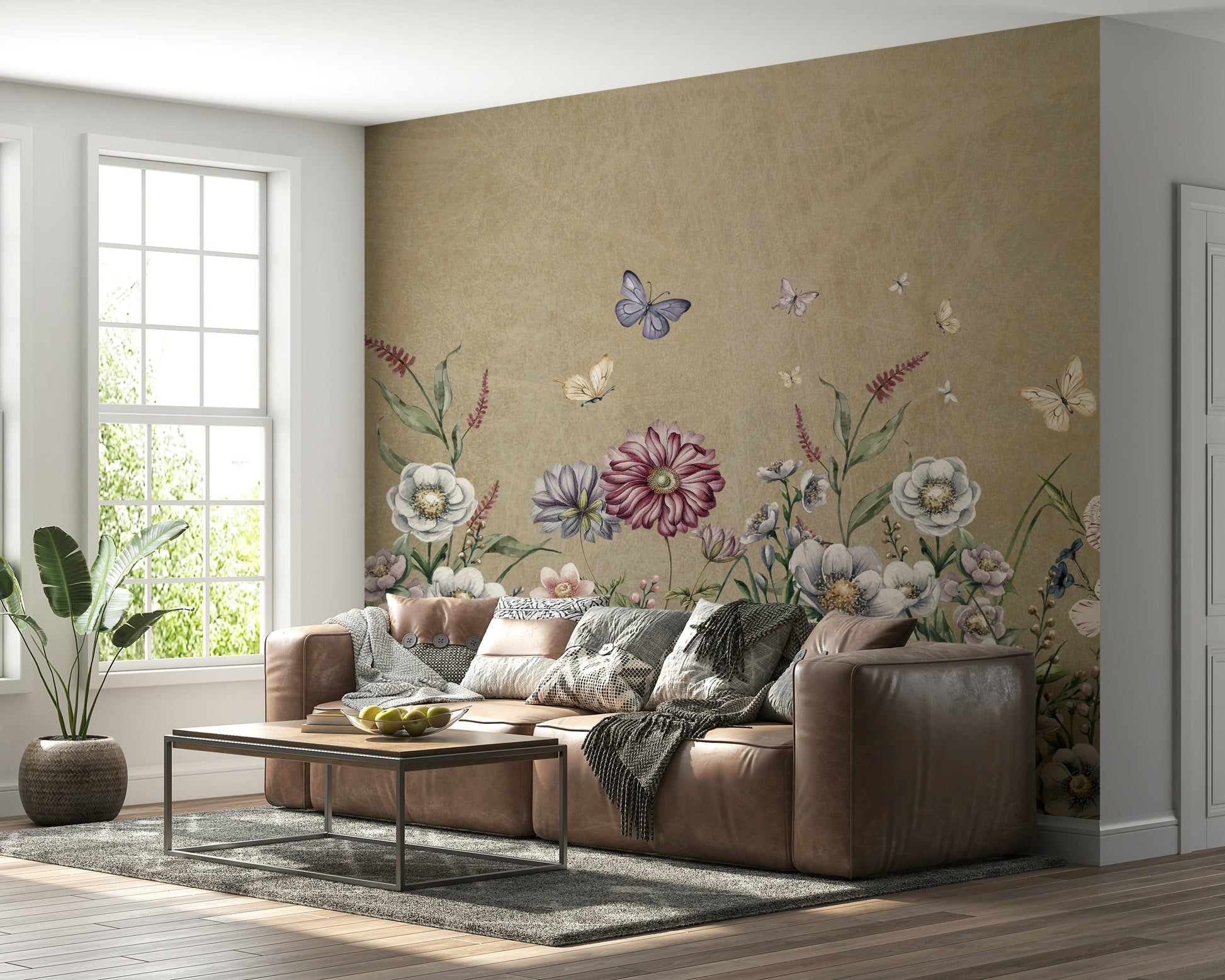Meadow's Whisper Wall Mural in entryway, light botanical pattern with console table and mirror