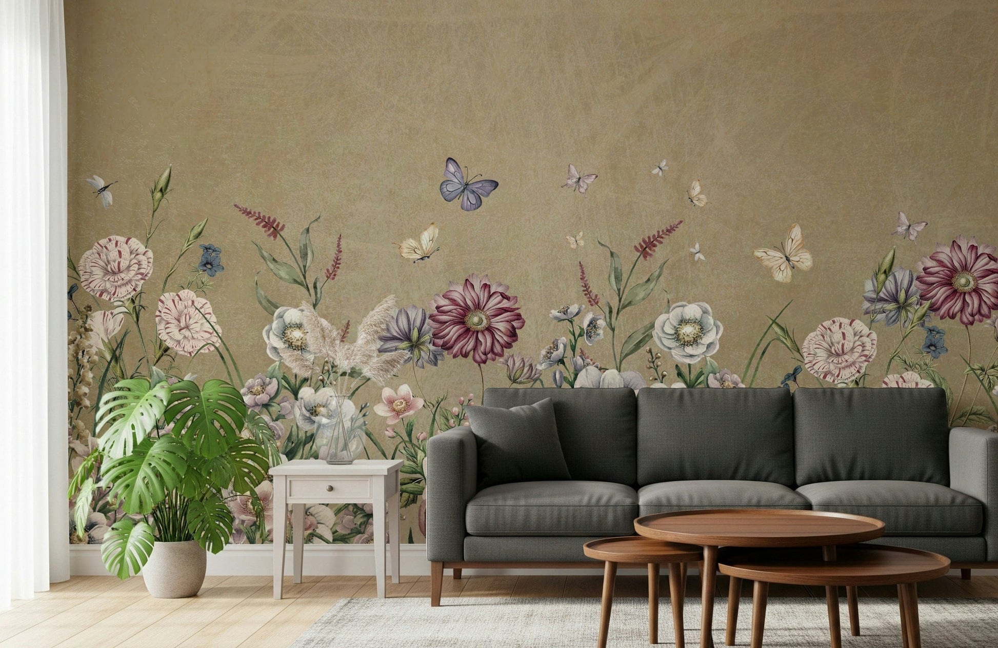 Meadow floral mural behind bed, soft watercolor style for a calm bedroom backdrop