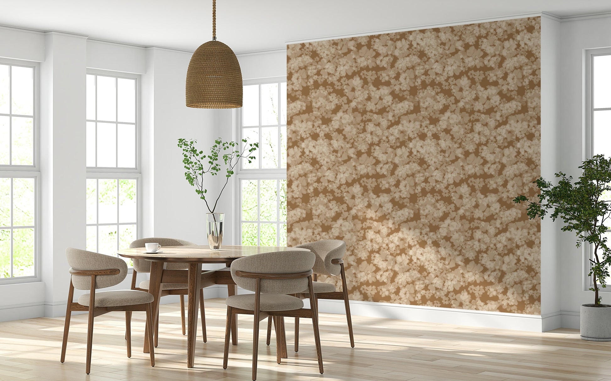 Light mocha floral image wall mural, Neutral Floral Haze, seamless repeat pattern.