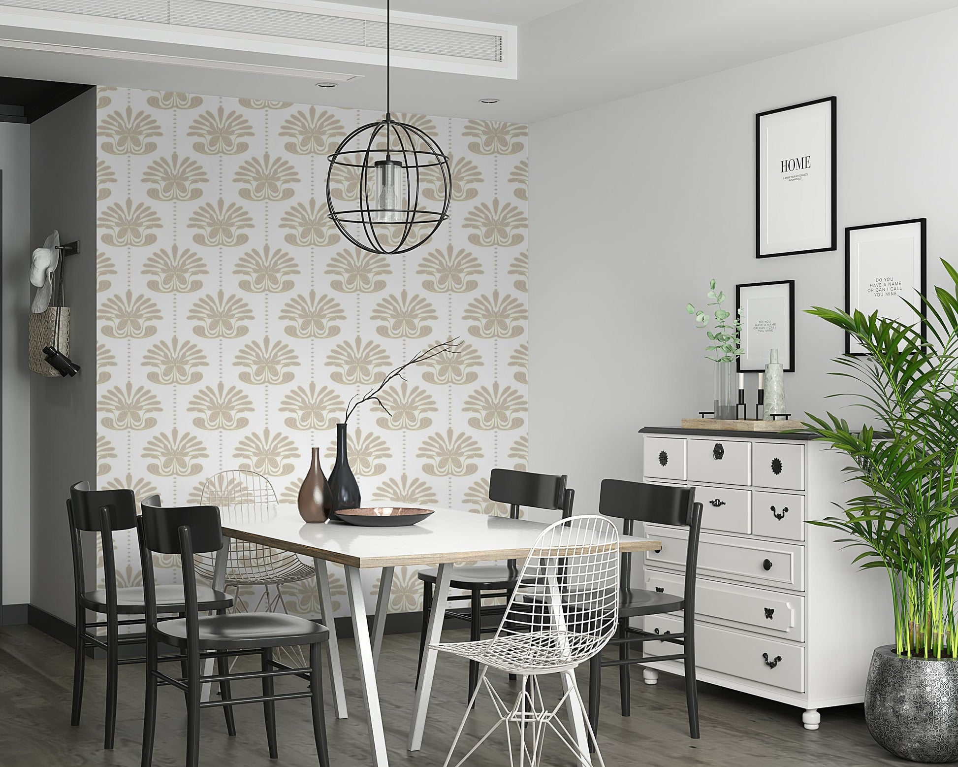Floral Mirror Pattern Wallpaper – Sophisticated design of repeating floral elements in a chic symmetrical layout.