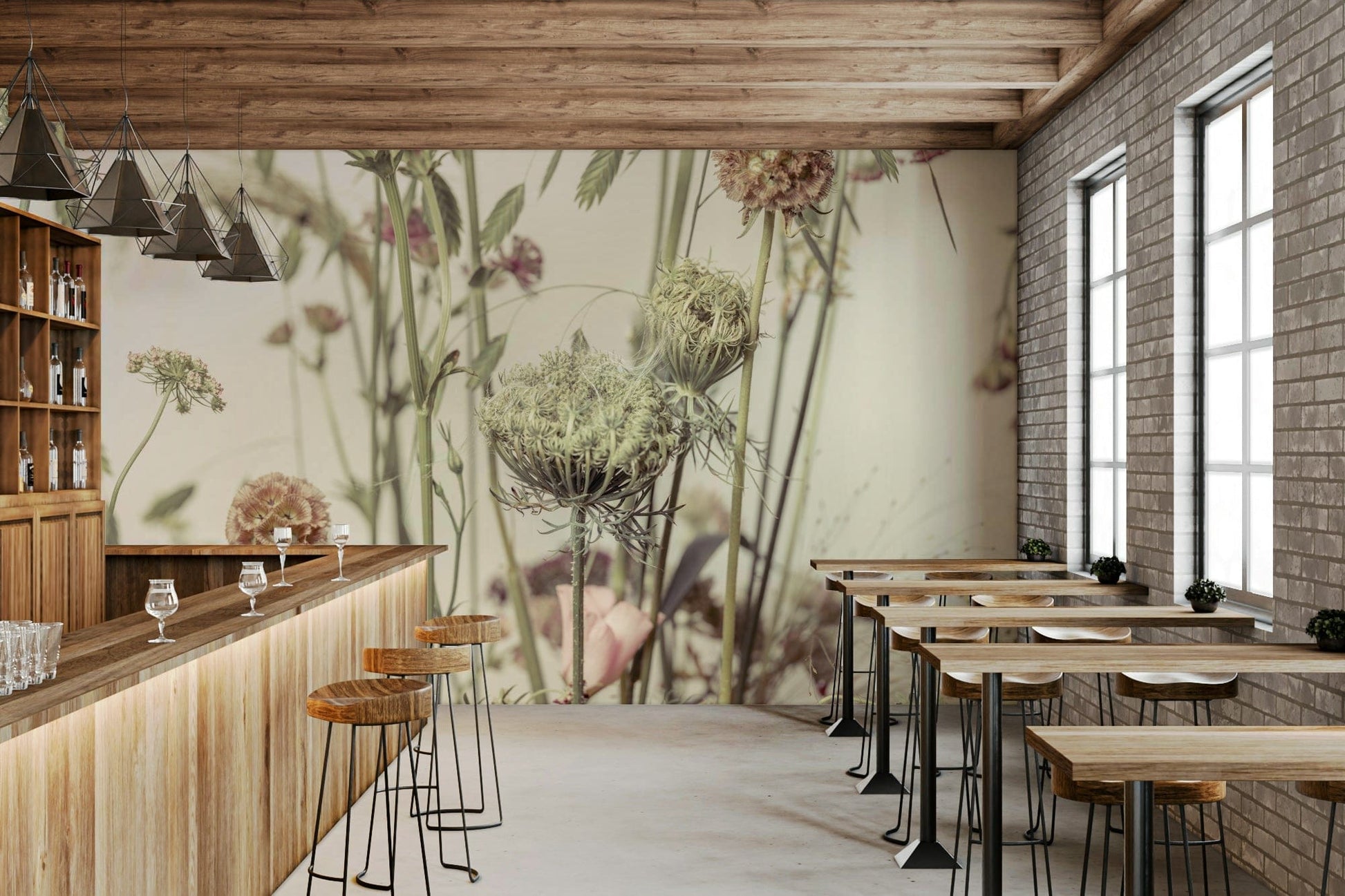 A peaceful flower design mural on decorative wallpaper.

