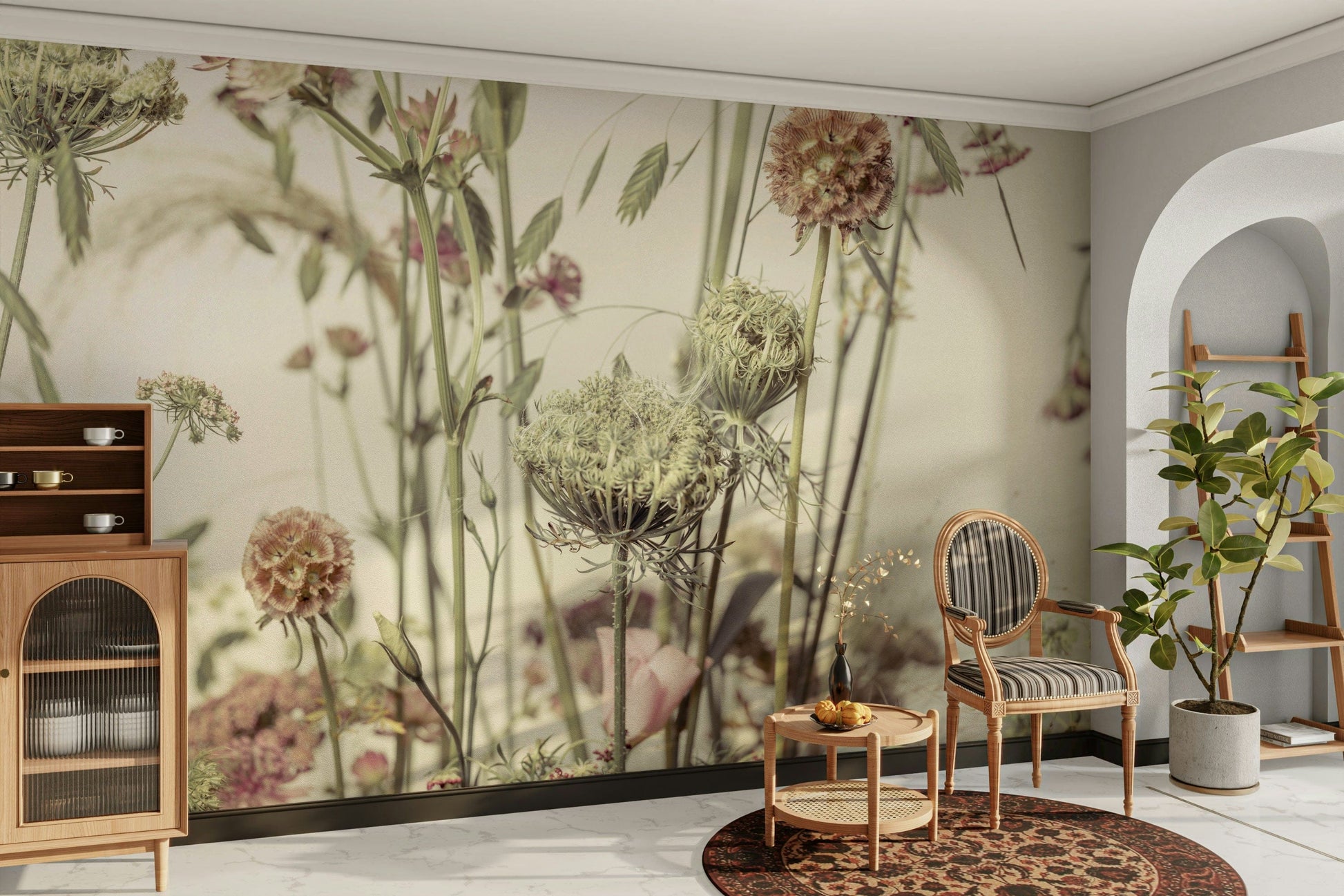 An artistic wildflower bloom mural on minimalist wallpaper.

