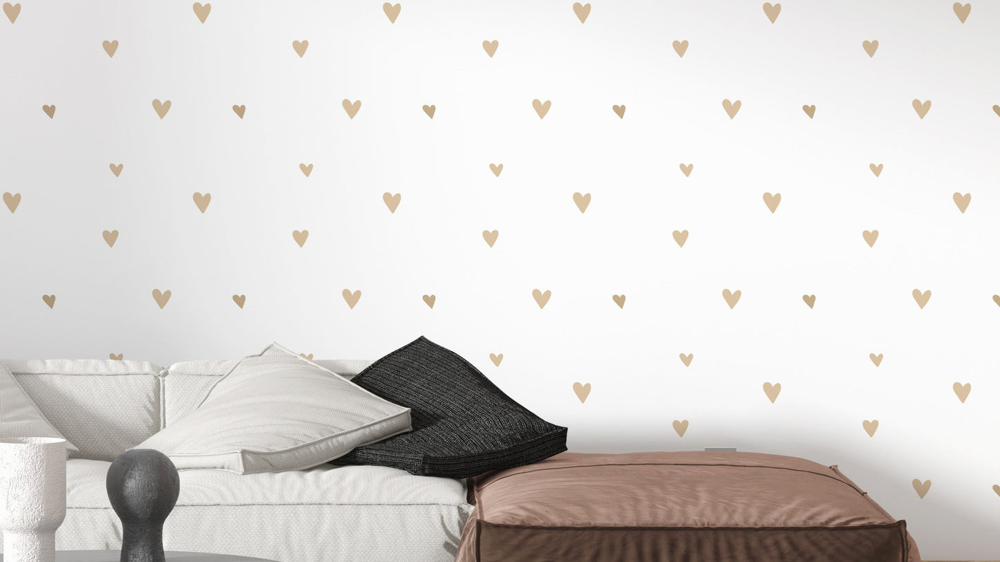 Delicate beige wallpaper with gold hearts