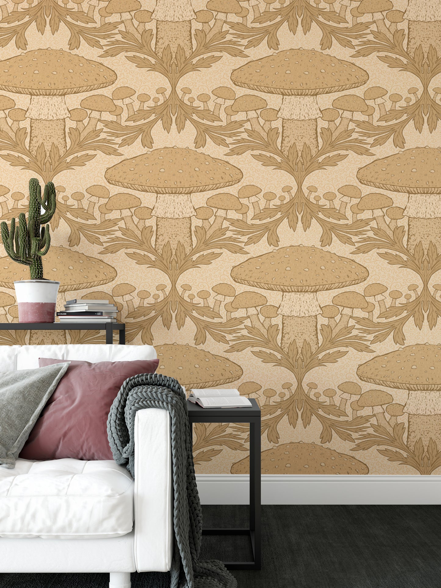 Artistic heritage mushroom wallpaper in beige for unique wall accents.
