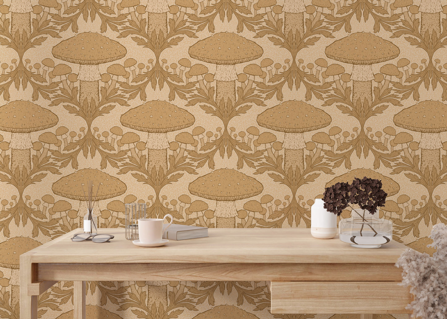 Sophisticated beige mushroom wallpaper for a subtle vintage vibe.
