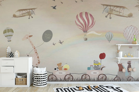 Beige Color Jovial Animals wallpaper mural shown as a full feature wall that highlights the design