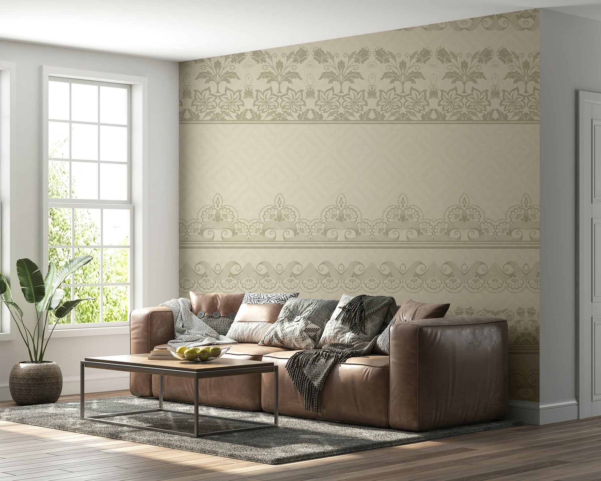 Vertical lace trim wall mural used as a backdrop for a modern vanity.