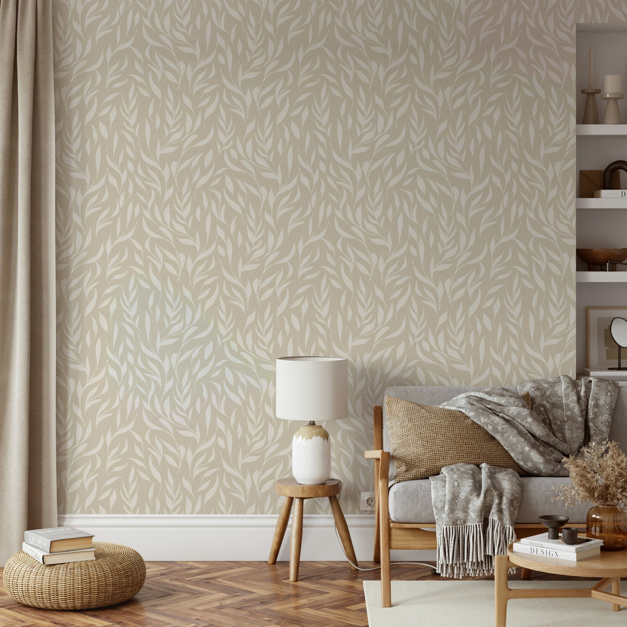 White leaf pattern on beige background wallpaper.