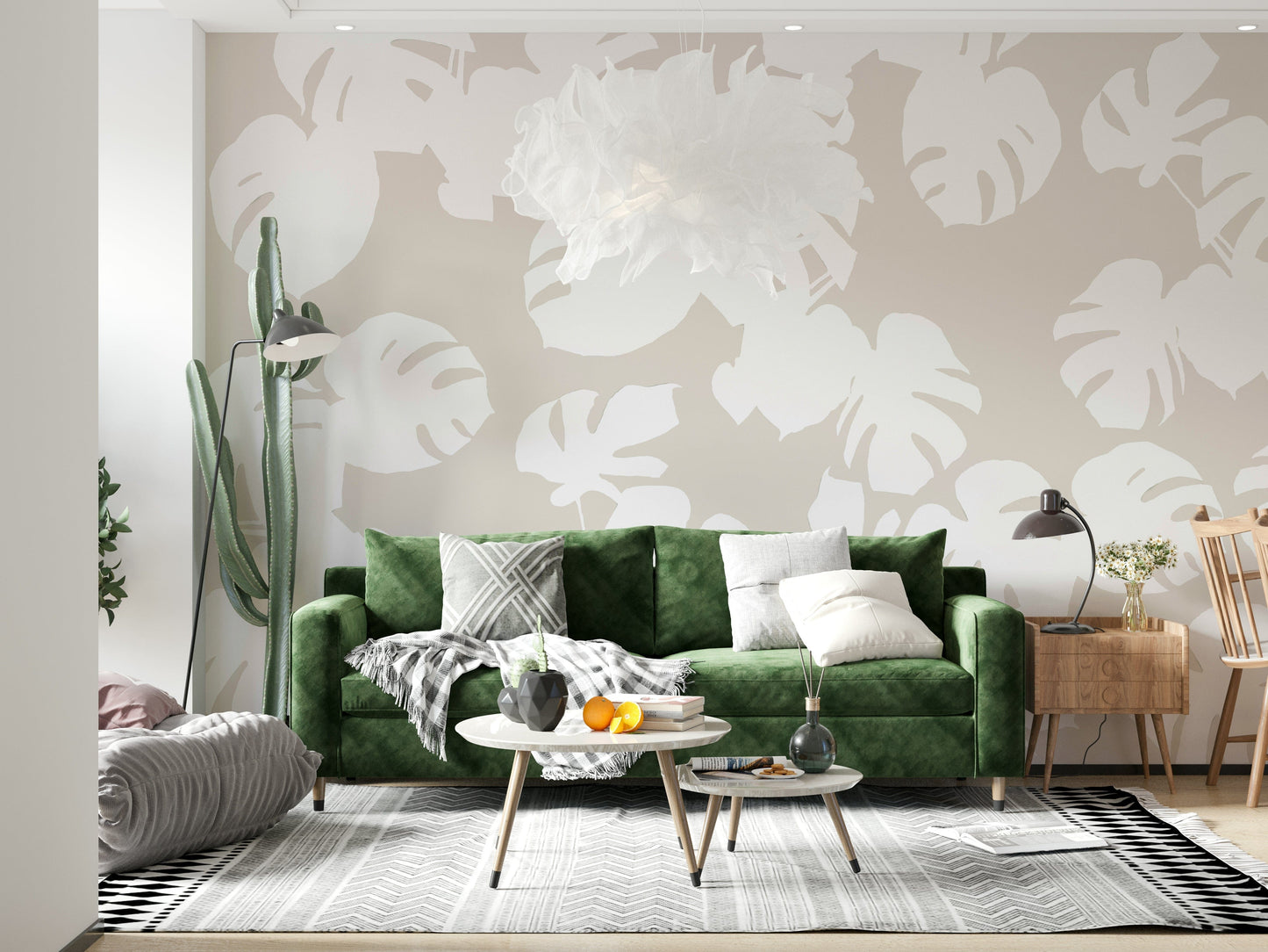 An artistic abstract leaf mural on minimalist wallpaper.

