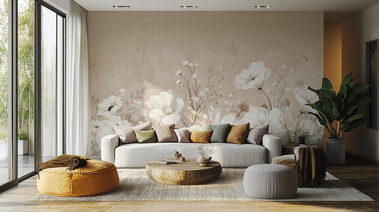 Vintage botanical wallpaper in neutral tones
