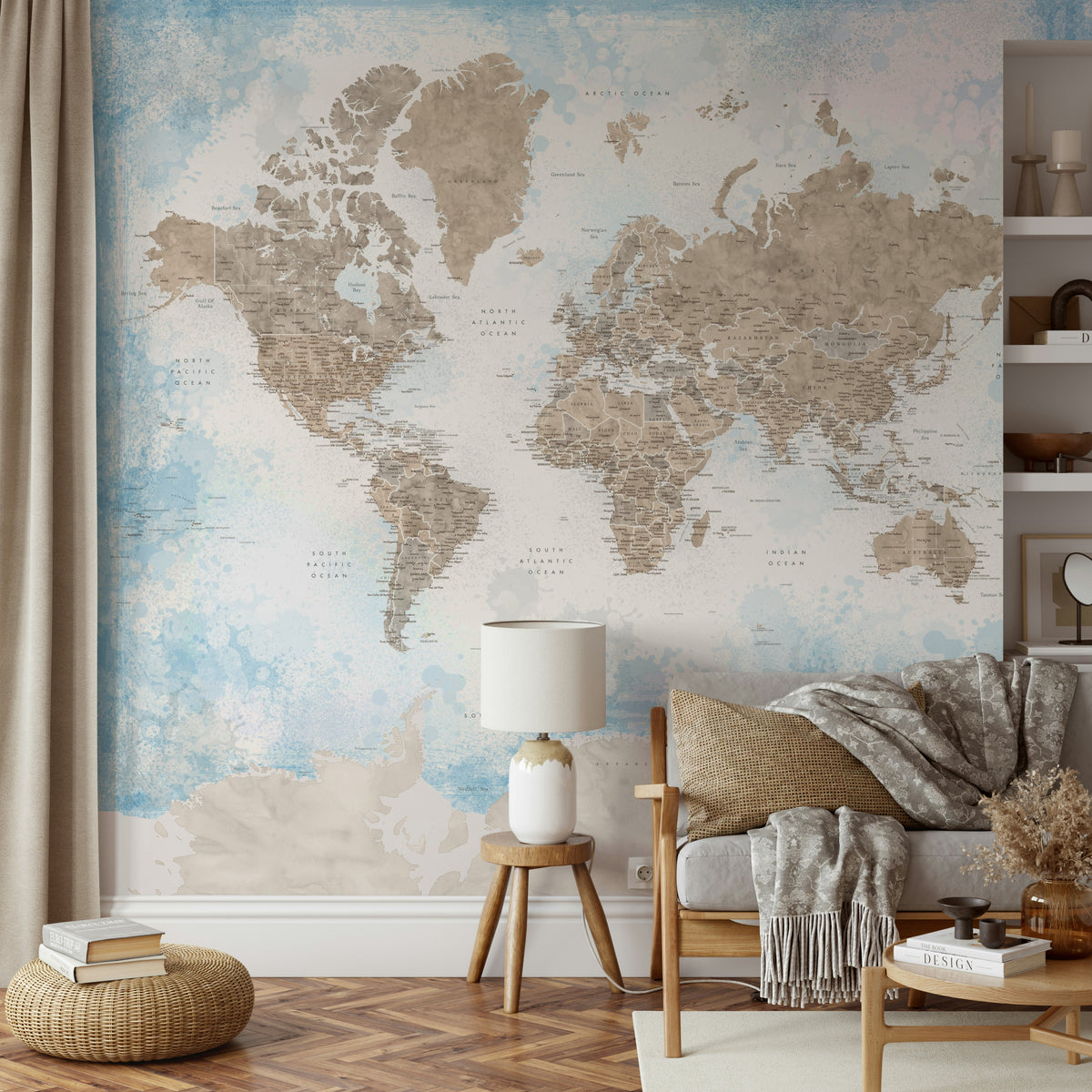 Beige & Sky Blue Map Wallpaper – Calm Global Style