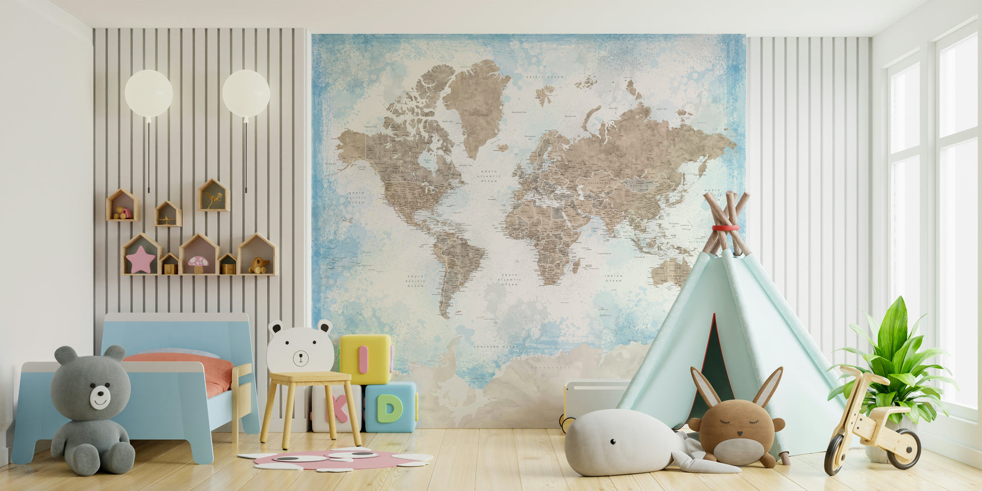 Serene global map wall décor with watercolor style

