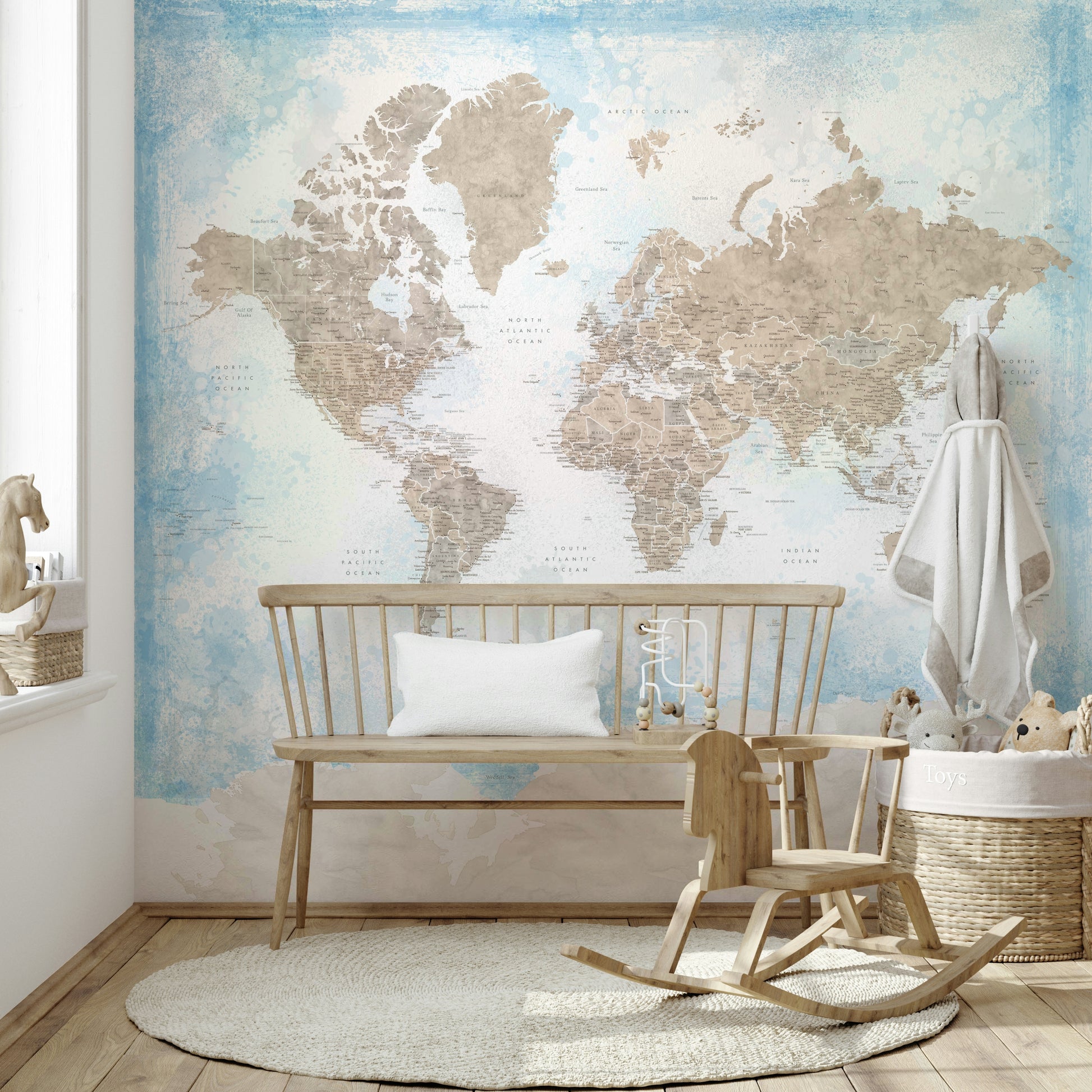 Peel and stick world map in sky blue and cream hues

