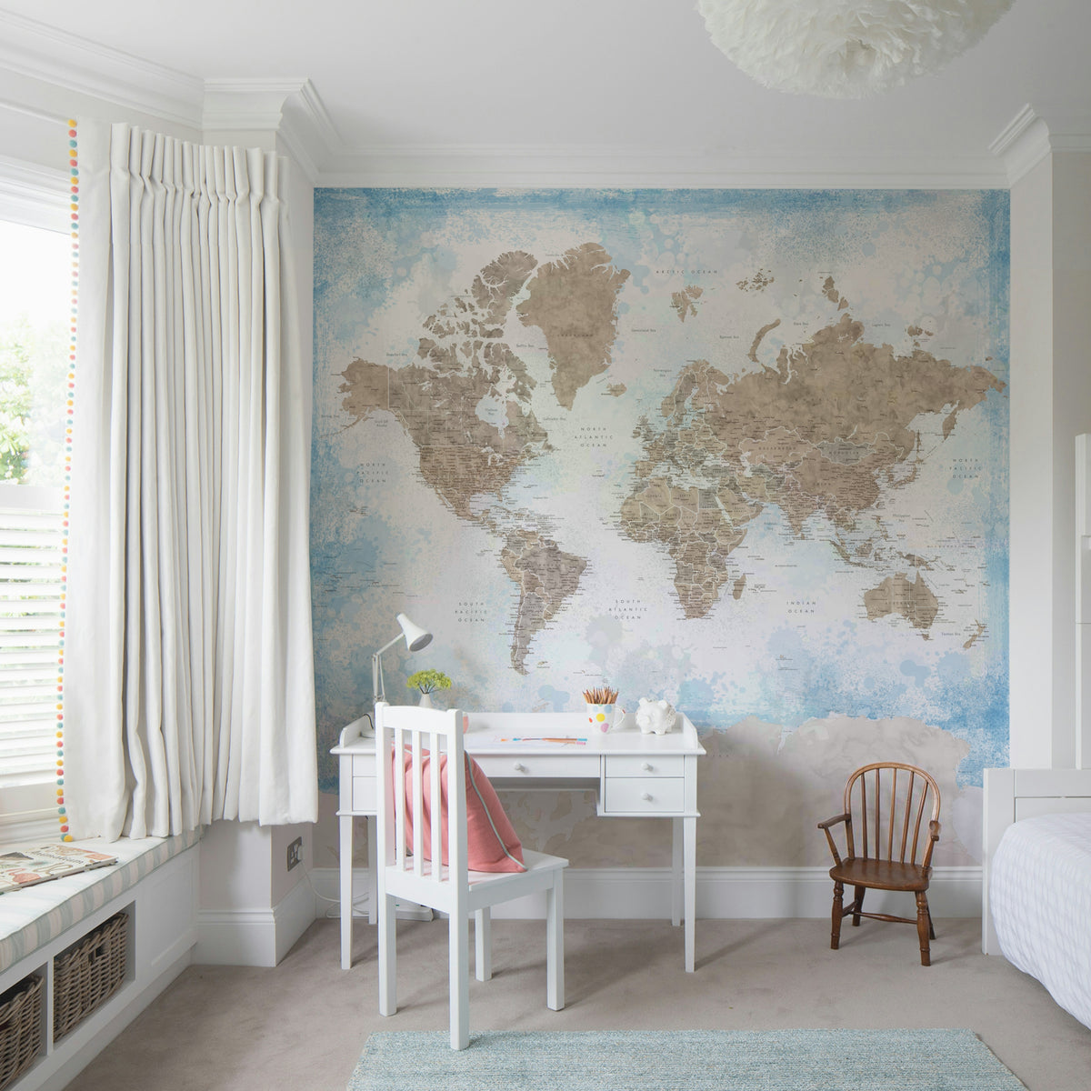 Beige & Sky Blue Map Wallpaper – Calm Global Style