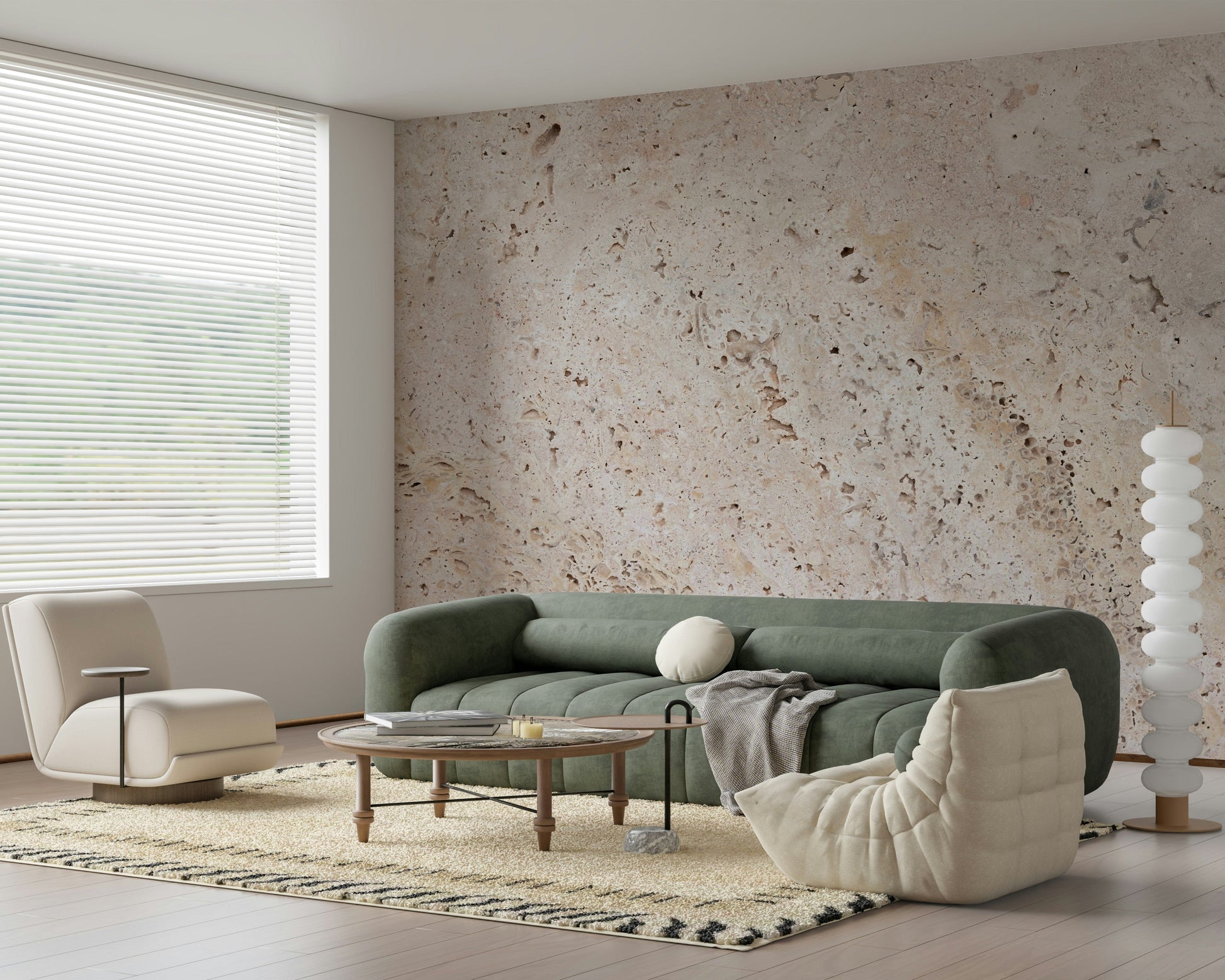 Soft, neutral stone wall mural combining gentle beige tones and textured surfaces for timeless interior décor.