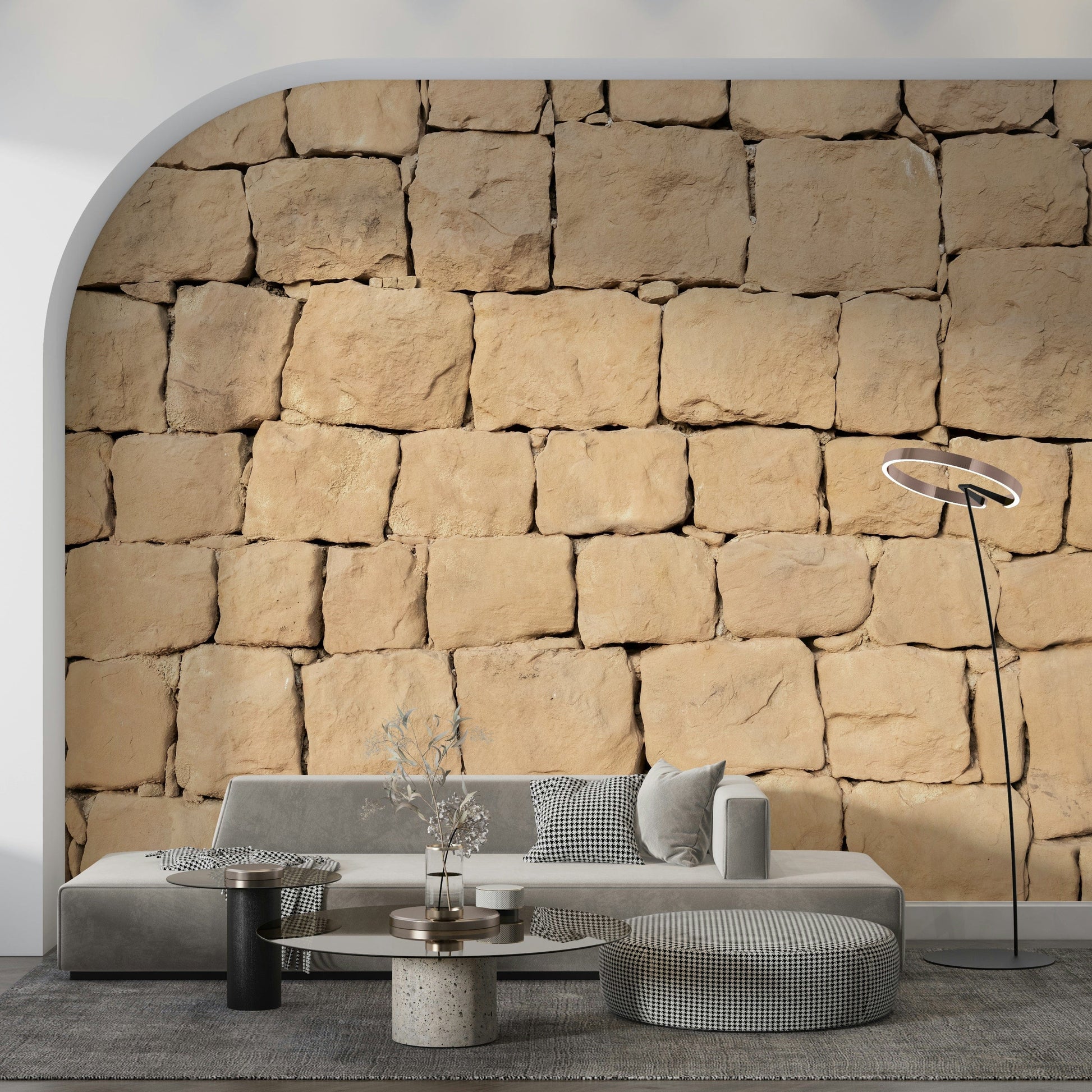Earthen plaster effect mural in soft beige and brown hues for contemporary rustic décor.