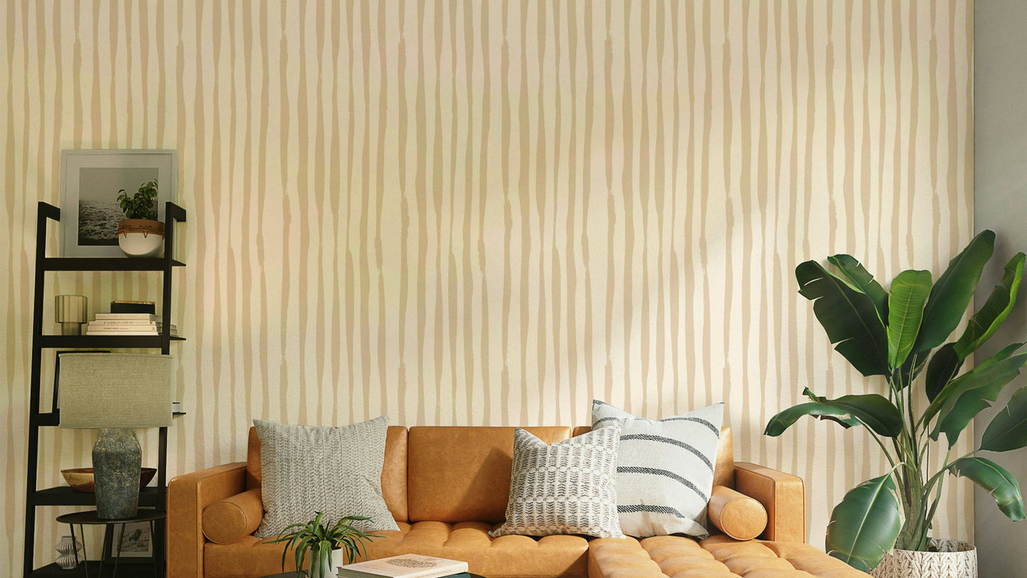 The image features abstract stripes that run vertically across the wall.

