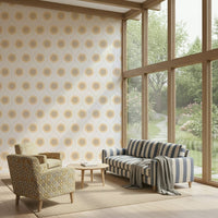 Bright Radiant Sunburst Pattern mural, happy sun icons, warm beige, crisp appearance.