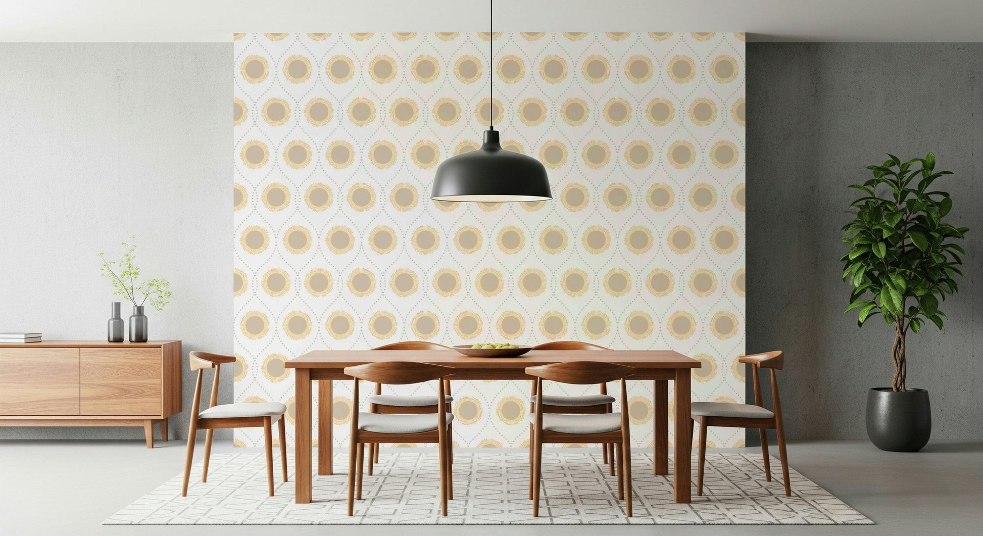 Clean Radiant Sunburst Pattern wall decal, geometric trellis, sunny emblem repeat.