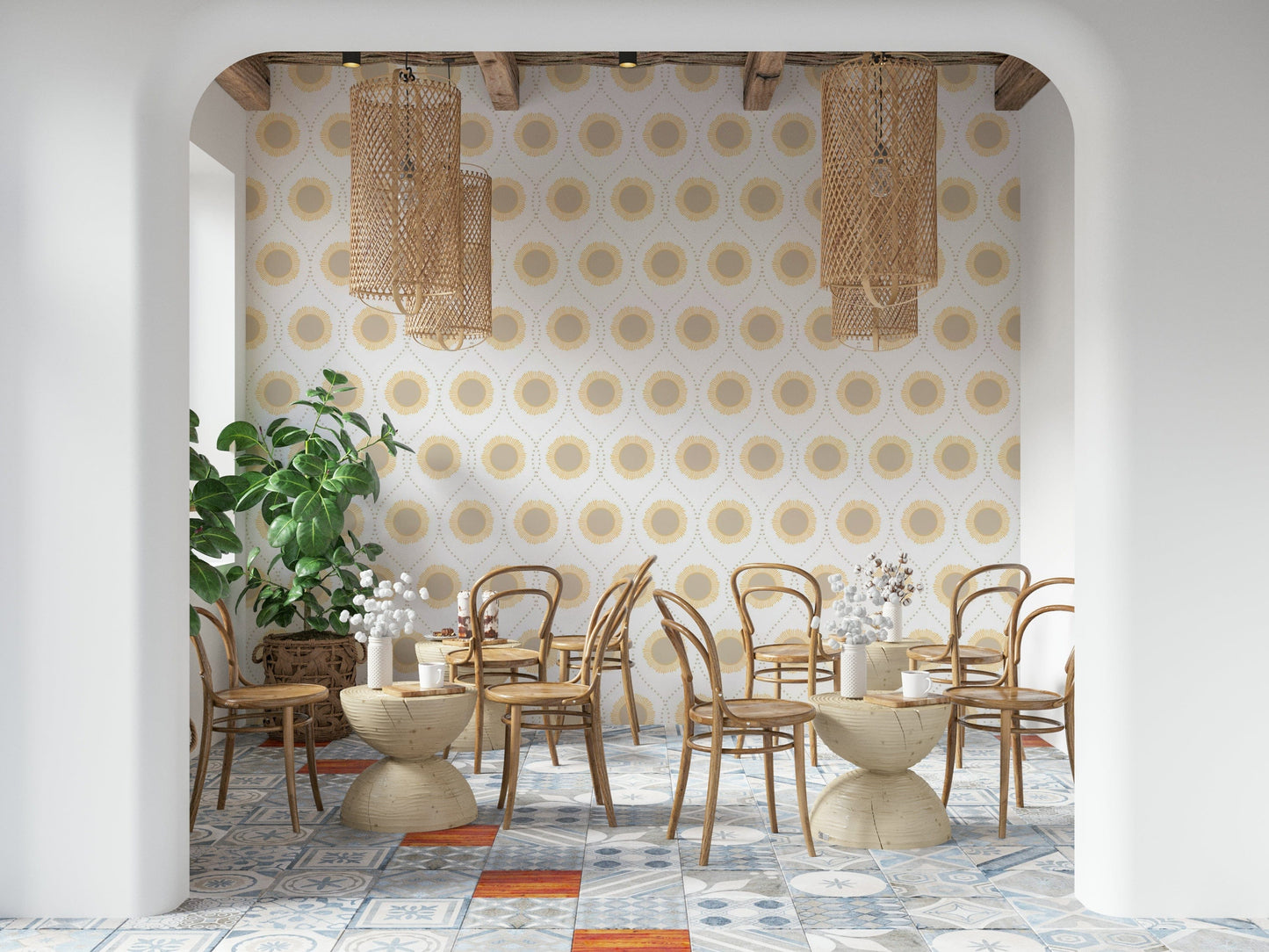 Radiant Sunburst Pattern wall art, repeating medallion shapes, simple, bright white background.