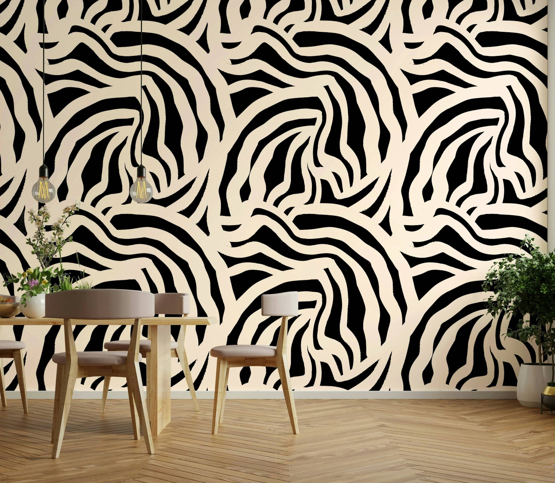 The pattern is shown in a contemporary bedroom setting.
