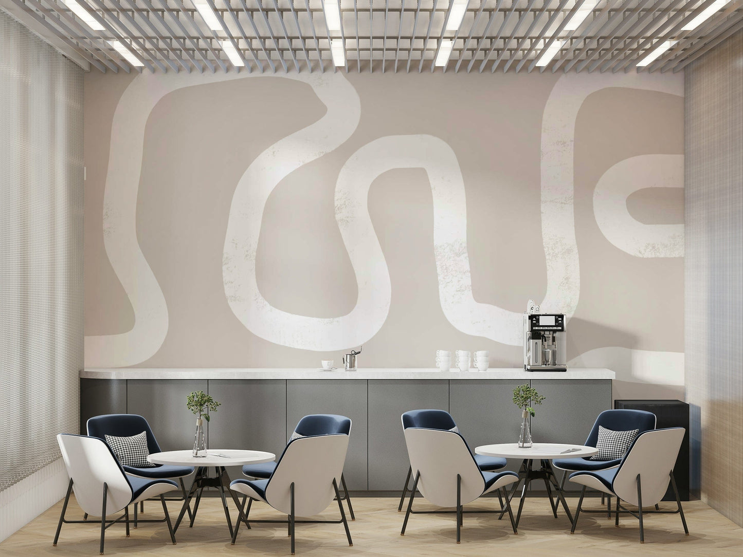 A peaceful woodland path mural on decorative wallpaper.

