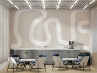 A peaceful woodland path mural on decorative wallpaper.

