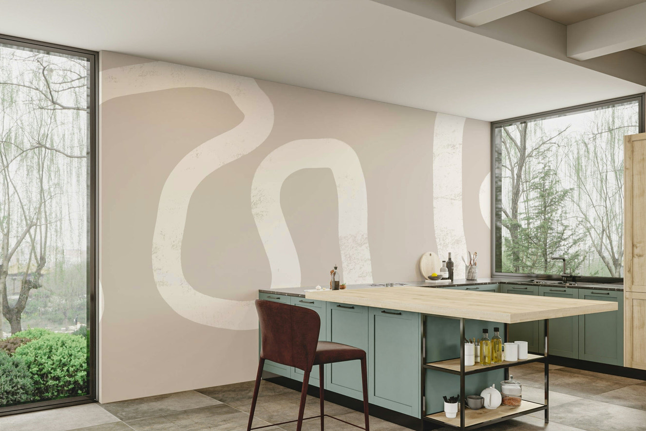 A beautiful winding path wallpaper mural in beige tones.


