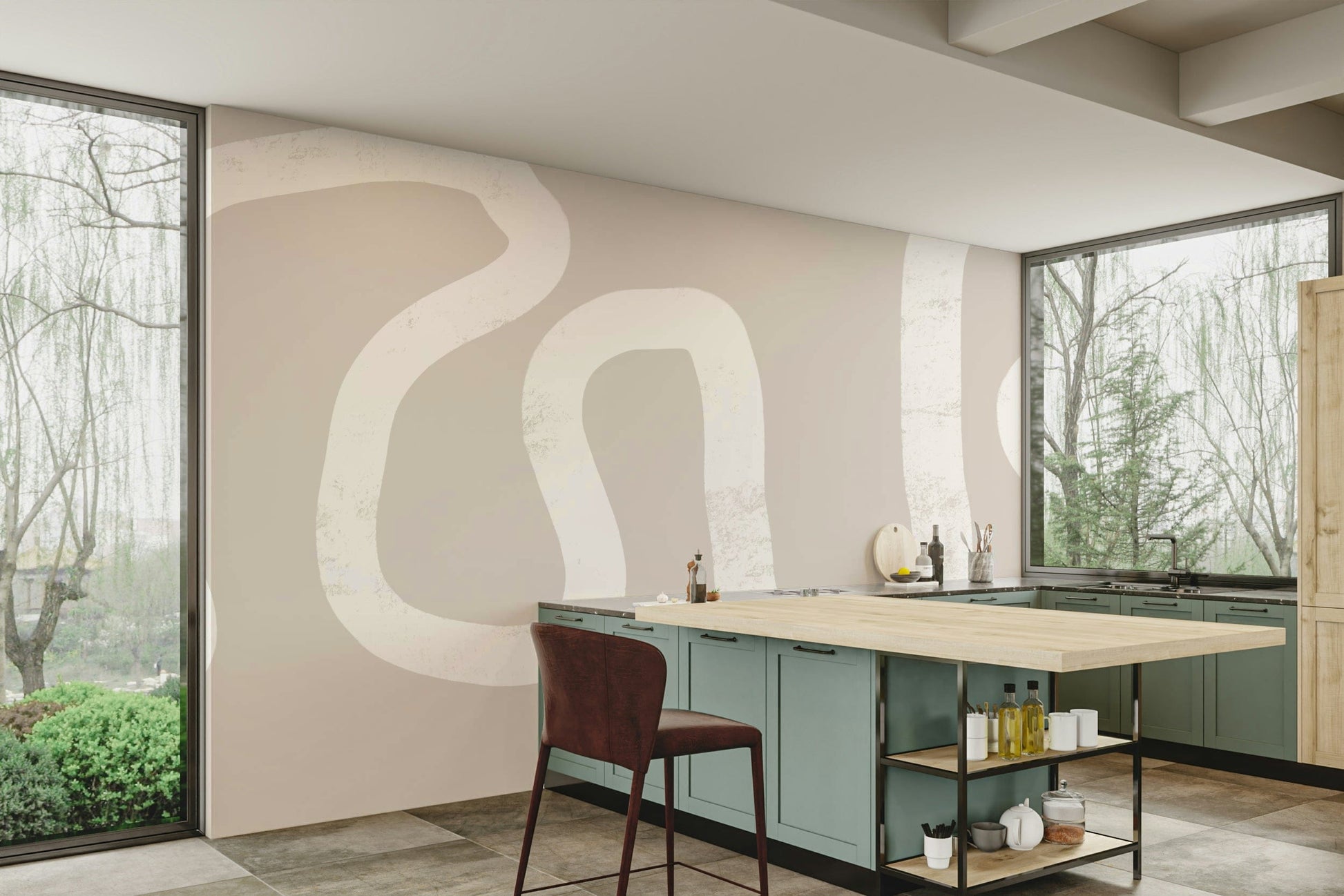 A beautiful winding path wallpaper mural in beige tones.

