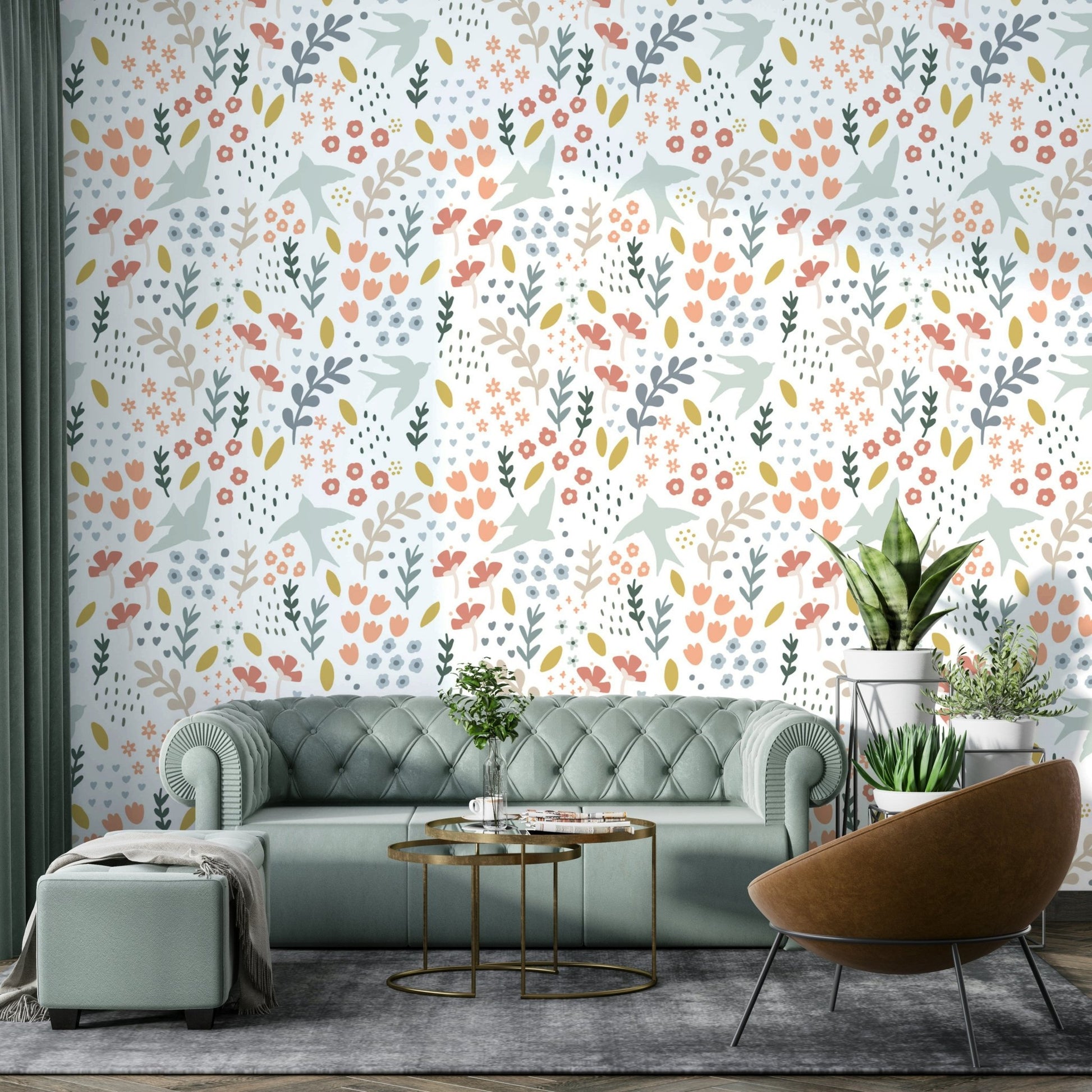 Bright floral design wallpaper for walls in spring-inspired hues.

