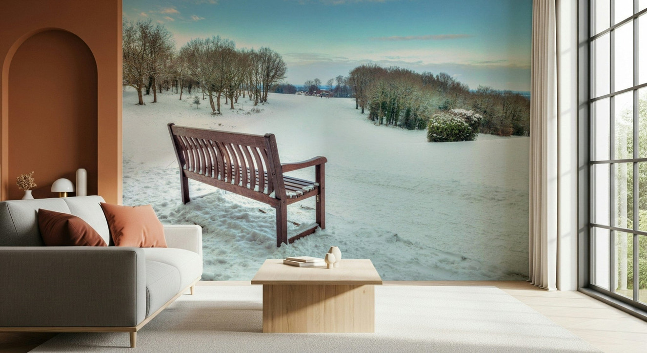 Expansive view wallpaper, distant horizon, Bench in a Snowy Landscape mural.