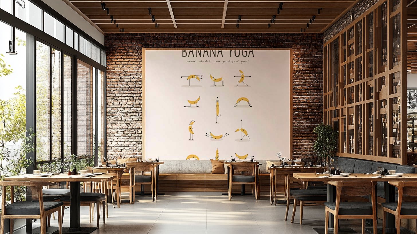 Funny fruit yoga mural with yellow bananas doing stretches.

