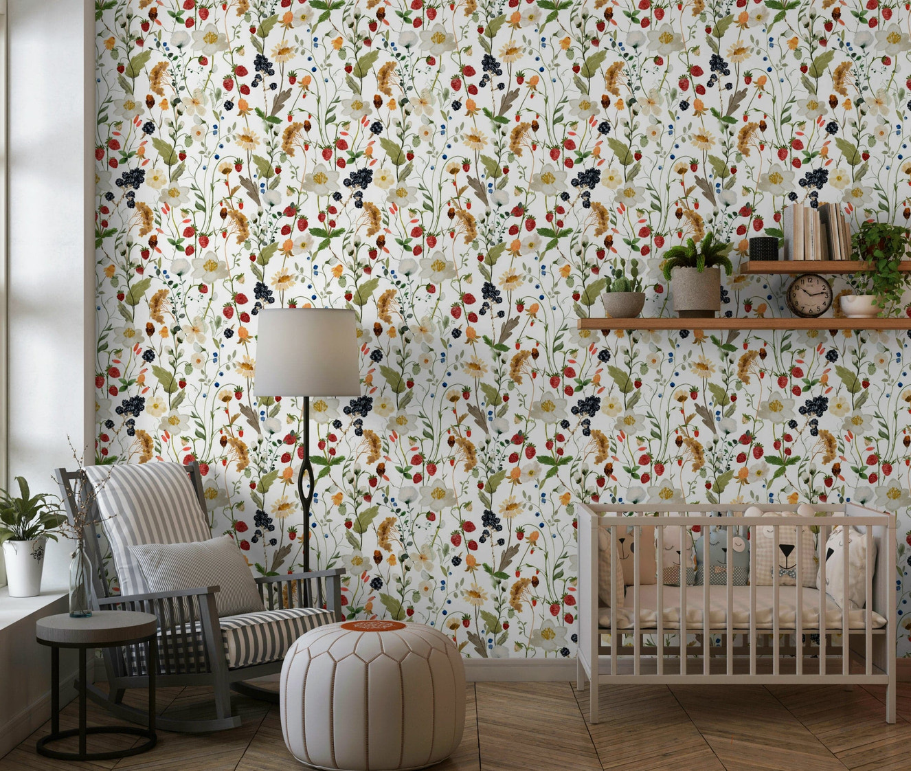 Berry Bloom Meadow wallpaper mural wildflower pattern