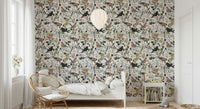 Bird wallpaper on hallway wall, subtle berries and foliage, bright entryway wall decor
