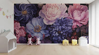 Aromatic Bouquet wallpaper mural of dark pink and purple flowers in a kids room with a play house