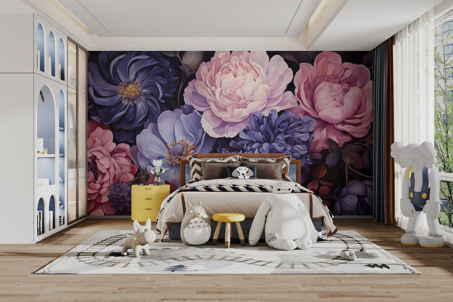Aromatic Bouquet wallpaper mural of moody peonies behind a bed in a playful kids bedroom with toys