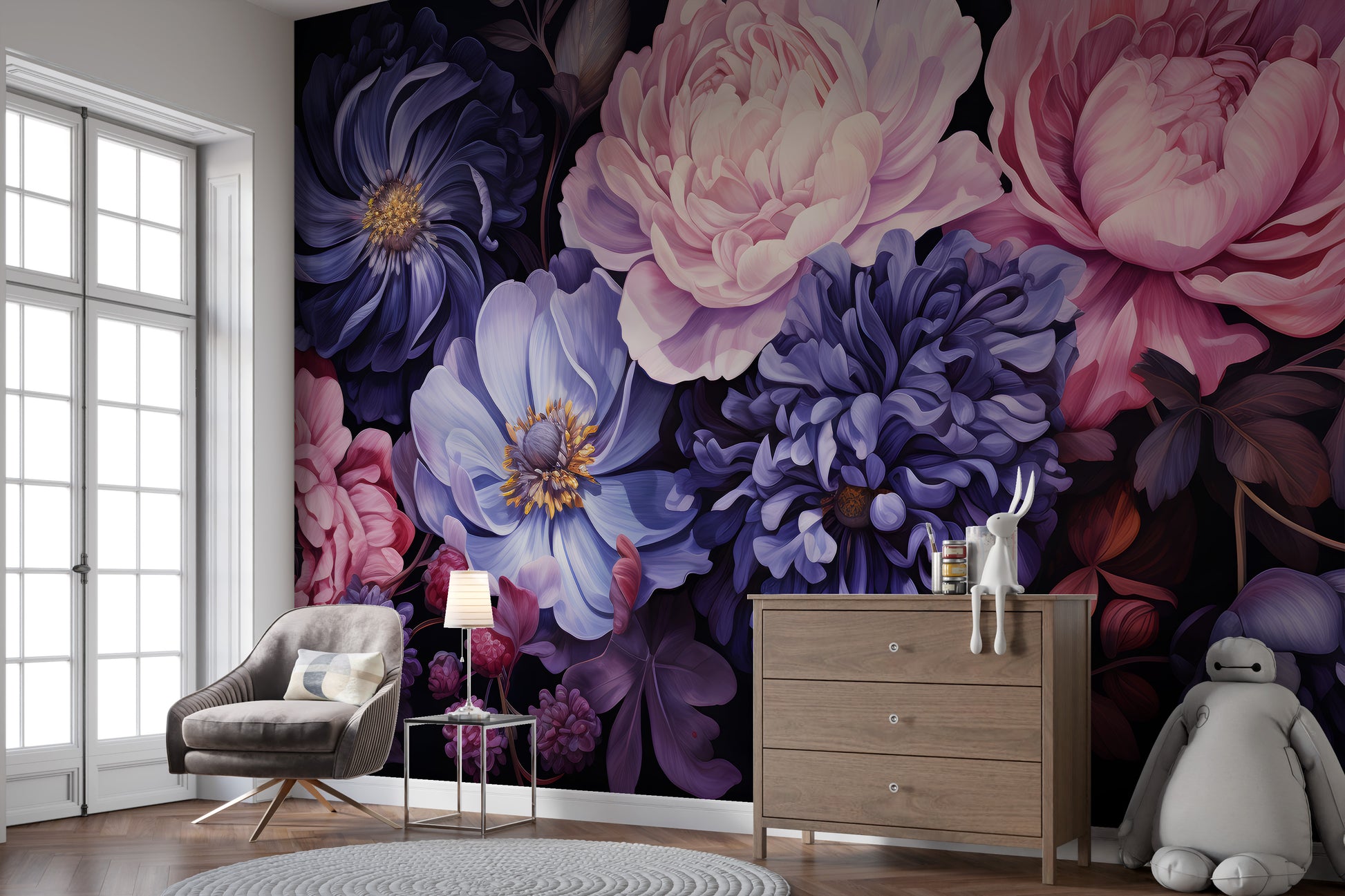 Aromatic Bouquet wallpaper mural of pink and purple peonies behind a grey armchair and wood dresser