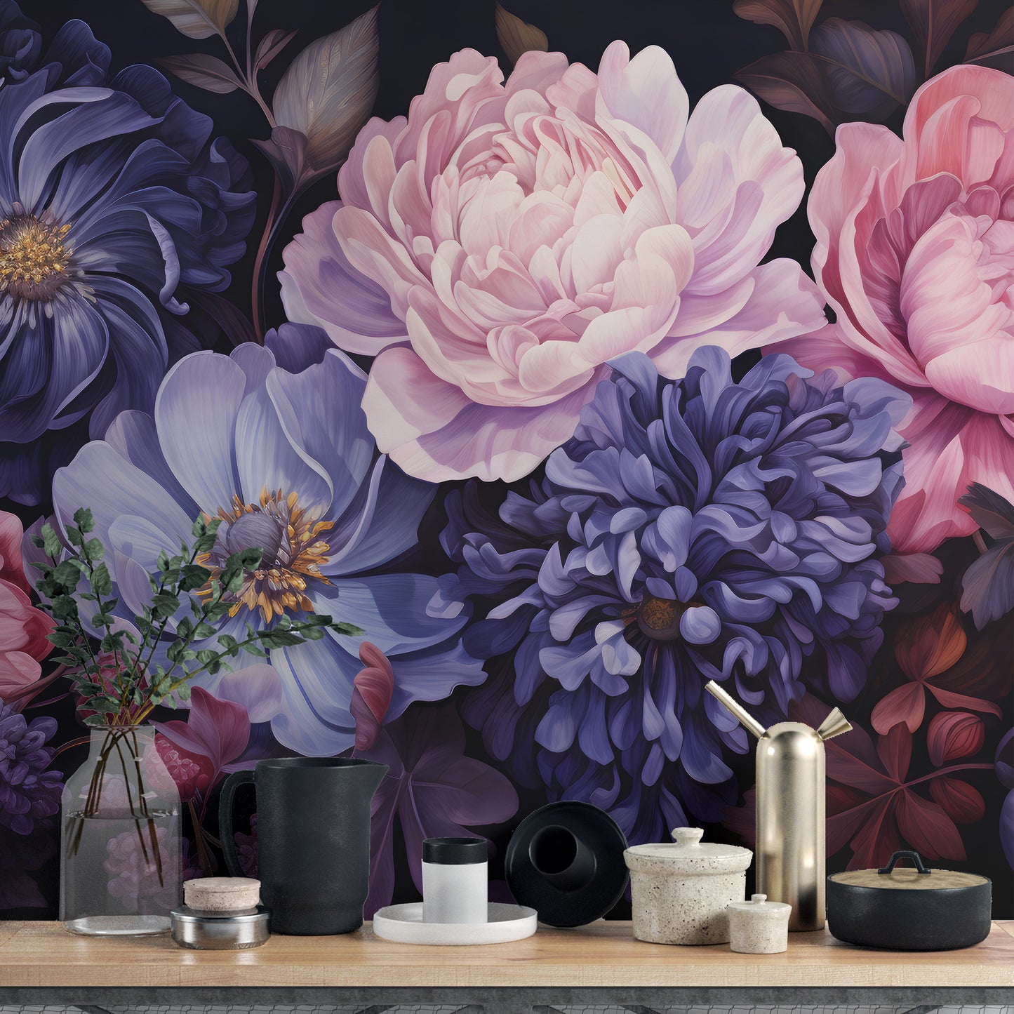 Aromatic Bouquet wallpaper mural of pink peonies and purple blooms above a wood kitchen counter with vase