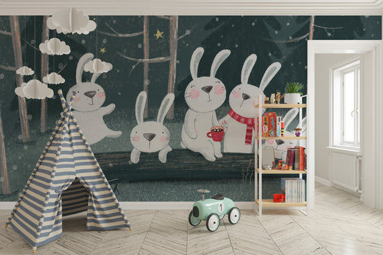 Bunnies Night Out mural of white bunnies in a snowy night forest behind a striped teepee in a kids room
